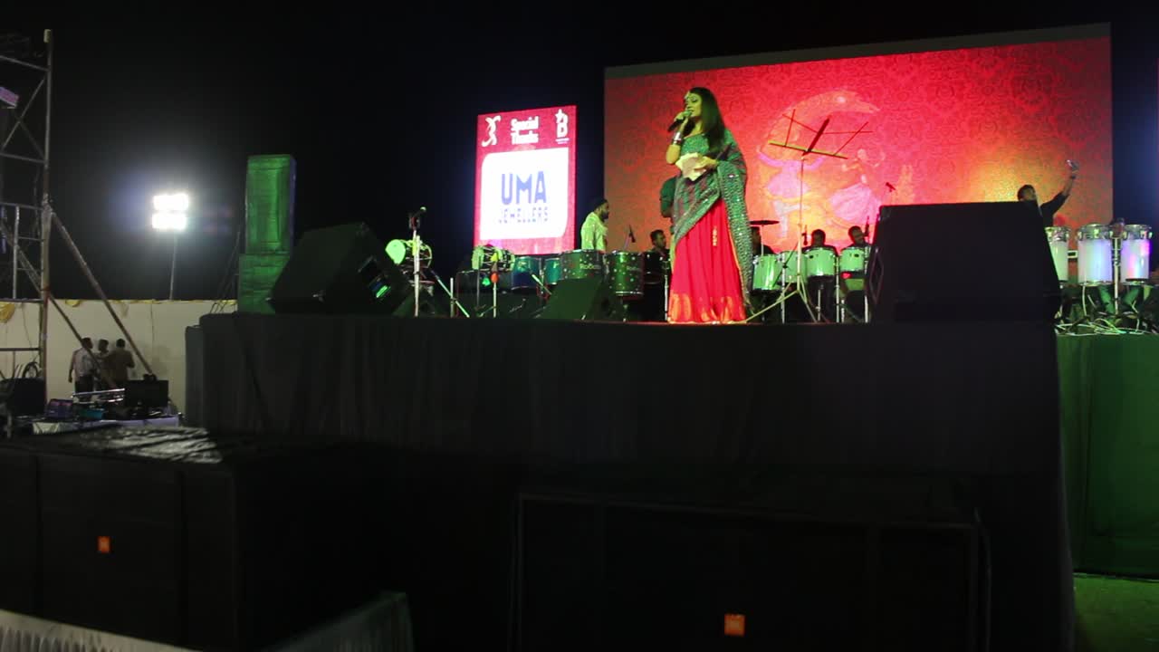 Singer performing on an illuminated Navratri stage